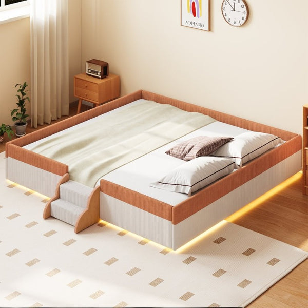 English Elm King Low Profile Corduroy Floor Bed with LED Underglow Fence Rails and Step Entry Brown+White SF000223AAD