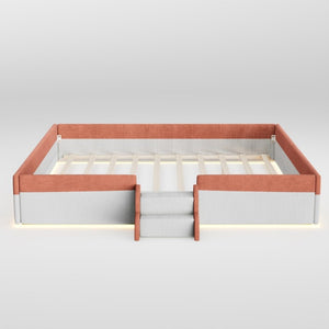 English Elm King Low Profile Corduroy Floor Bed with LED Underglow Fence Rails and Step Entry Brown+White SF000223AAD