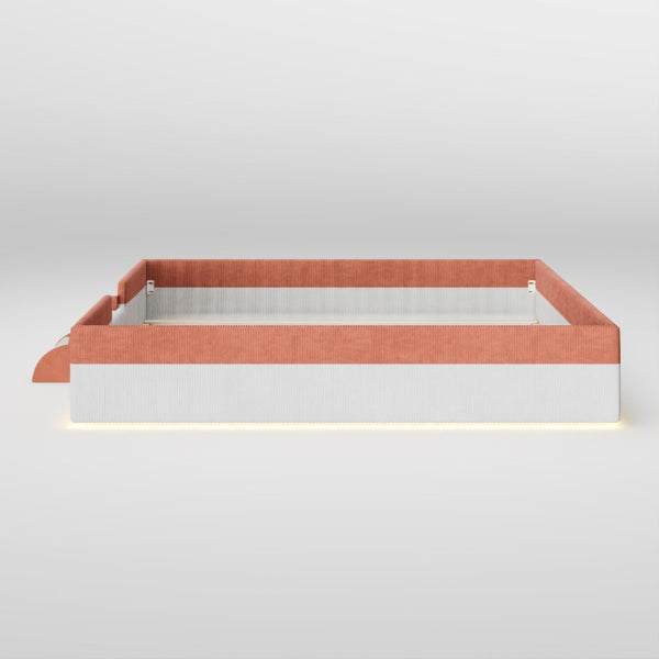 English Elm King Low Profile Corduroy Floor Bed with LED Underglow Fence Rails and Step Entry Brown+White SF000223AAD