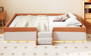 English Elm King Low Profile Corduroy Floor Bed with LED Underglow Fence Rails and Step Entry Brown+White SF000223AAD
