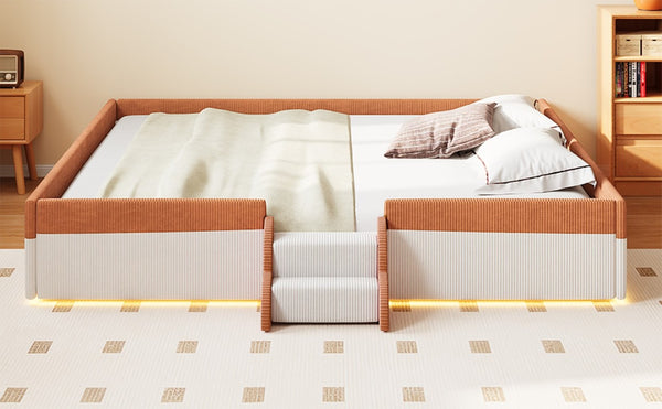 English Elm King Low Profile Corduroy Floor Bed with LED Underglow Fence Rails and Step Entry Brown+White SF000223AAD