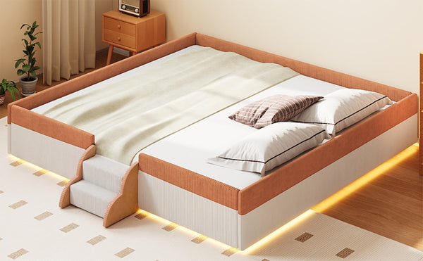 English Elm King Low Profile Corduroy Floor Bed with LED Underglow Fence Rails and Step Entry Brown+White SF000223AAD
