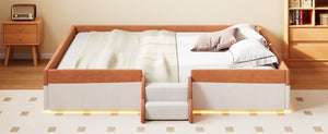 English Elm King Low Profile Corduroy Floor Bed with LED Underglow Fence Rails and Step Entry Brown+White SF000223AAD