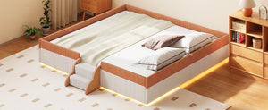 English Elm King Low Profile Corduroy Floor Bed with LED Underglow Fence Rails and Step Entry Brown+White SF000223AAD