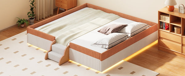 English Elm King Low Profile Corduroy Floor Bed with LED Underglow Fence Rails and Step Entry Brown+White SF000223AAD