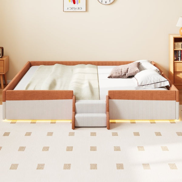 English Elm King Low Profile Corduroy Floor Bed with LED Underglow Fence Rails and Step Entry Brown+White SF000223AAD