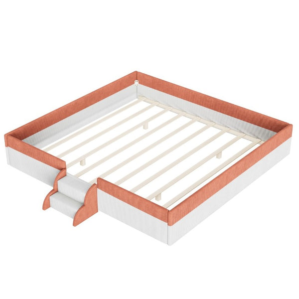 English Elm King Low Profile Corduroy Floor Bed with LED Underglow Fence Rails and Step Entry Brown+White SF000223AAD