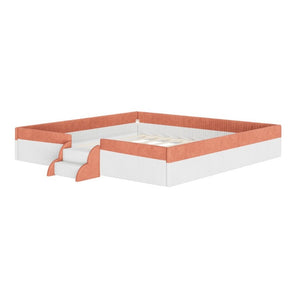 English Elm King Low Profile Corduroy Floor Bed with LED Underglow Fence Rails and Step Entry Brown+White SF000223AAD