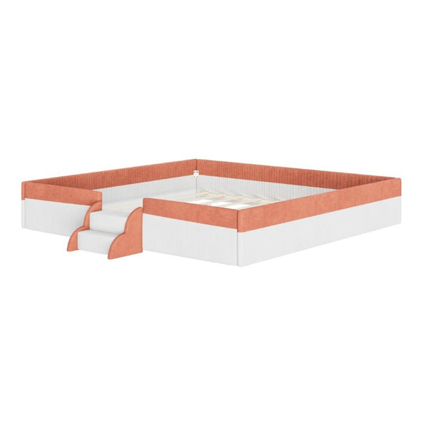 English Elm King Low Profile Corduroy Floor Bed with LED Underglow Fence Rails and Step Entry Brown+White SF000223AAD