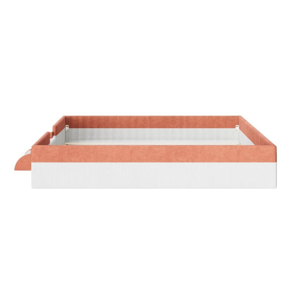 English Elm King Low Profile Corduroy Floor Bed with LED Underglow Fence Rails and Step Entry Brown+White SF000223AAD