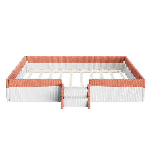 English Elm King Low Profile Corduroy Floor Bed with LED Underglow Fence Rails and Step Entry Brown+White SF000223AAD