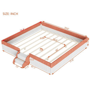 English Elm King Low Profile Corduroy Floor Bed with LED Underglow Fence Rails and Step Entry Brown+White SF000223AAD
