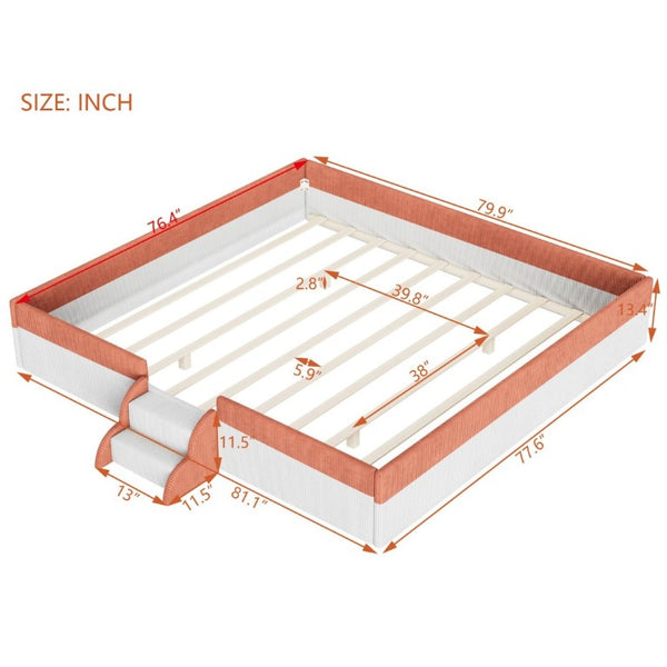 English Elm King Low Profile Corduroy Floor Bed with LED Underglow Fence Rails and Step Entry Brown+White SF000223AAD