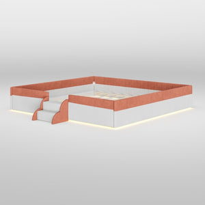 English Elm King Low Profile Corduroy Floor Bed with LED Underglow Fence Rails and Step Entry Brown+White SF000223AAD