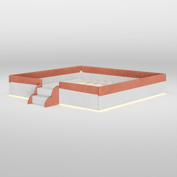 English Elm King Low Profile Corduroy Floor Bed with LED Underglow Fence Rails and Step Entry Brown+White SF000223AAD