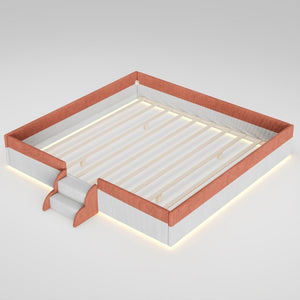 English Elm King Low Profile Corduroy Floor Bed with LED Underglow Fence Rails and Step Entry Brown+White SF000223AAD