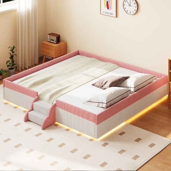 English Elm King Low Profile Corduroy Floor Bed with LED Underglow Fence Rails and Step Entry Pink+White SF000223AAH