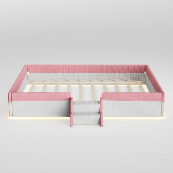 English Elm King Low Profile Corduroy Floor Bed with LED Underglow Fence Rails and Step Entry Pink+White SF000223AAH