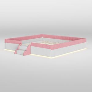 English Elm King Low Profile Corduroy Floor Bed with LED Underglow Fence Rails and Step Entry Pink+White SF000223AAH