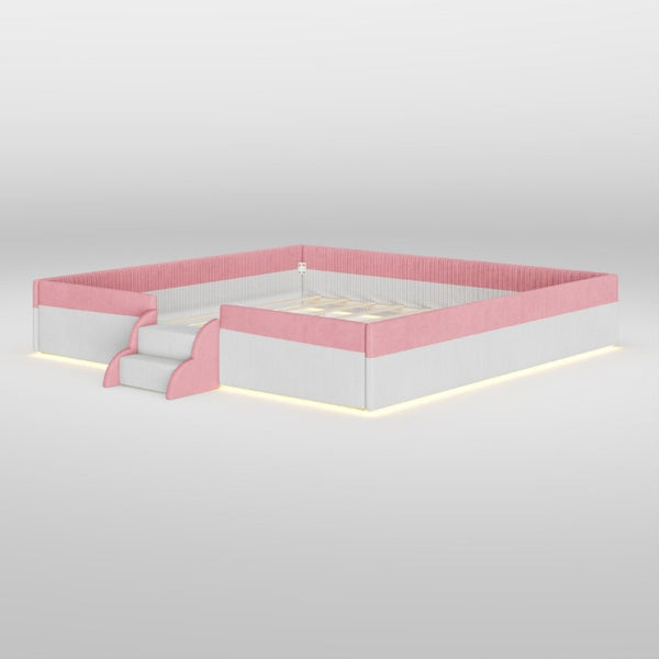 English Elm King Low Profile Corduroy Floor Bed with LED Underglow Fence Rails and Step Entry Pink+White SF000223AAH