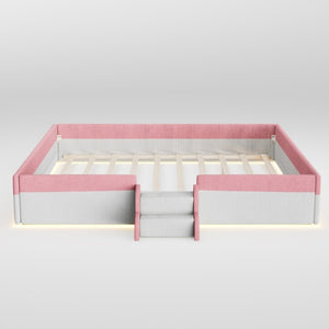 English Elm King Low Profile Corduroy Floor Bed with LED Underglow Fence Rails and Step Entry Pink+White SF000223AAH
