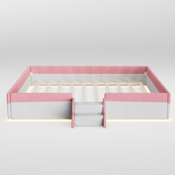 English Elm King Low Profile Corduroy Floor Bed with LED Underglow Fence Rails and Step Entry Pink+White SF000223AAH