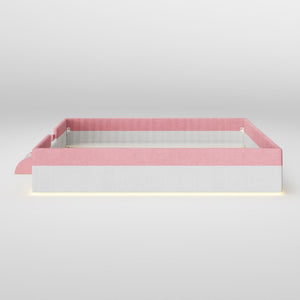 English Elm King Low Profile Corduroy Floor Bed with LED Underglow Fence Rails and Step Entry Pink+White SF000223AAH