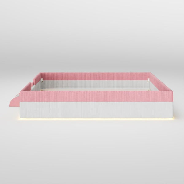 English Elm King Low Profile Corduroy Floor Bed with LED Underglow Fence Rails and Step Entry Pink+White SF000223AAH