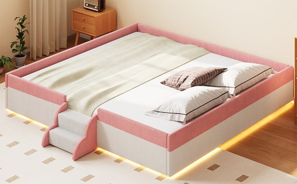 English Elm King Low Profile Corduroy Floor Bed with LED Underglow Fence Rails and Step Entry Pink+White SF000223AAH