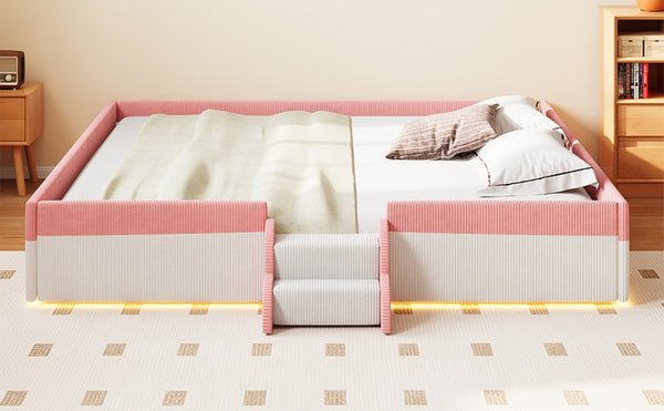 English Elm King Low Profile Corduroy Floor Bed with LED Underglow Fence Rails and Step Entry Pink+White SF000223AAH