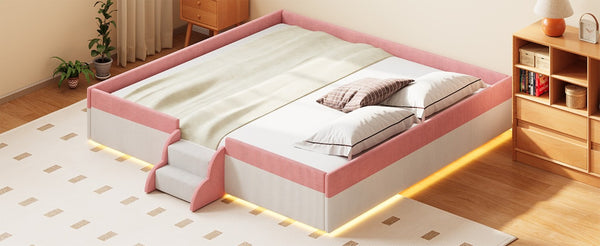 English Elm King Low Profile Corduroy Floor Bed with LED Underglow Fence Rails and Step Entry Pink+White SF000223AAH