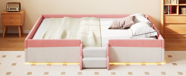 English Elm King Low Profile Corduroy Floor Bed with LED Underglow Fence Rails and Step Entry Pink+White SF000223AAH