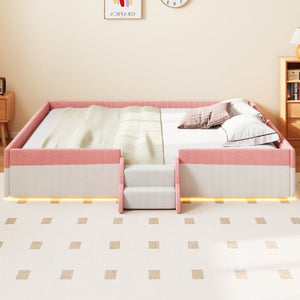 English Elm King Low Profile Corduroy Floor Bed with LED Underglow Fence Rails and Step Entry Pink+White SF000223AAH
