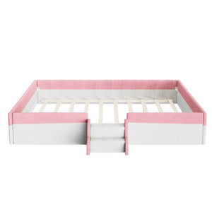 English Elm King Low Profile Corduroy Floor Bed with LED Underglow Fence Rails and Step Entry Pink+White SF000223AAH