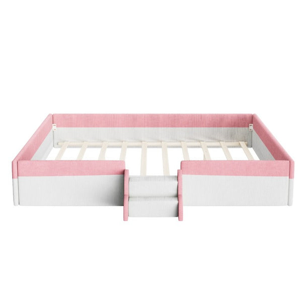 English Elm King Low Profile Corduroy Floor Bed with LED Underglow Fence Rails and Step Entry Pink+White SF000223AAH