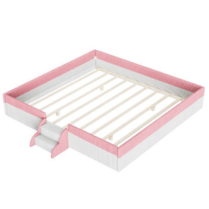 English Elm King Low Profile Corduroy Floor Bed with LED Underglow Fence Rails and Step Entry Pink+White SF000223AAH