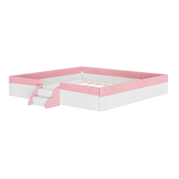 English Elm King Low Profile Corduroy Floor Bed with LED Underglow Fence Rails and Step Entry Pink+White SF000223AAH