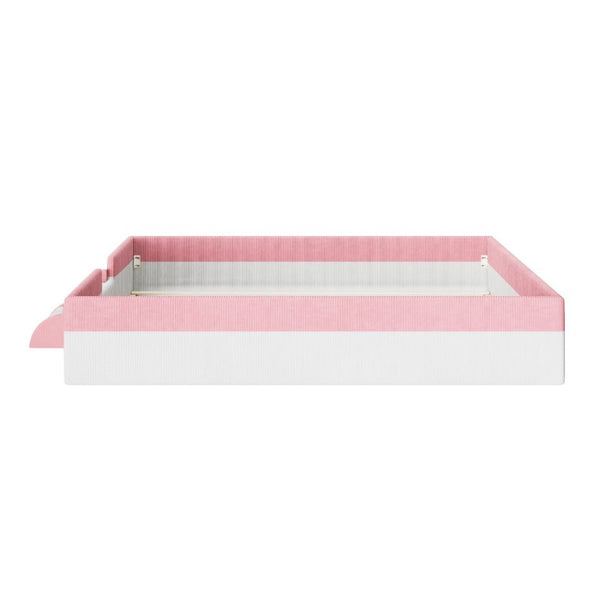 English Elm King Low Profile Corduroy Floor Bed with LED Underglow Fence Rails and Step Entry Pink+White SF000223AAH
