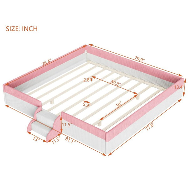 English Elm King Low Profile Corduroy Floor Bed with LED Underglow Fence Rails and Step Entry Pink+White SF000223AAH