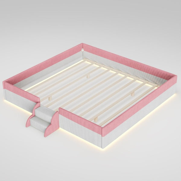 English Elm King Low Profile Corduroy Floor Bed with LED Underglow Fence Rails and Step Entry Pink+White SF000223AAH