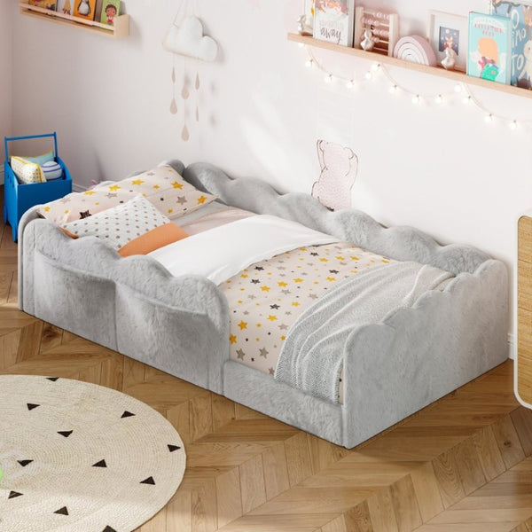 English Elm Twin Low Profile Floor Bed with Plush Rabbit Fabric Guardrails and Storage Pockets Light Gray SF000224AAE