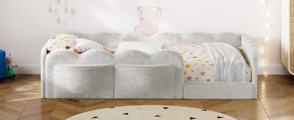 English Elm Twin Low Profile Floor Bed with Plush Rabbit Fabric Guardrails and Storage Pockets Light Gray SF000224AAE