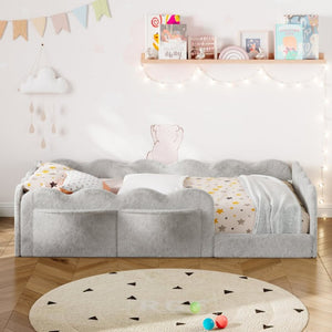 English Elm Twin Low Profile Floor Bed with Plush Rabbit Fabric Guardrails and Storage Pockets Light Gray SF000224AAE