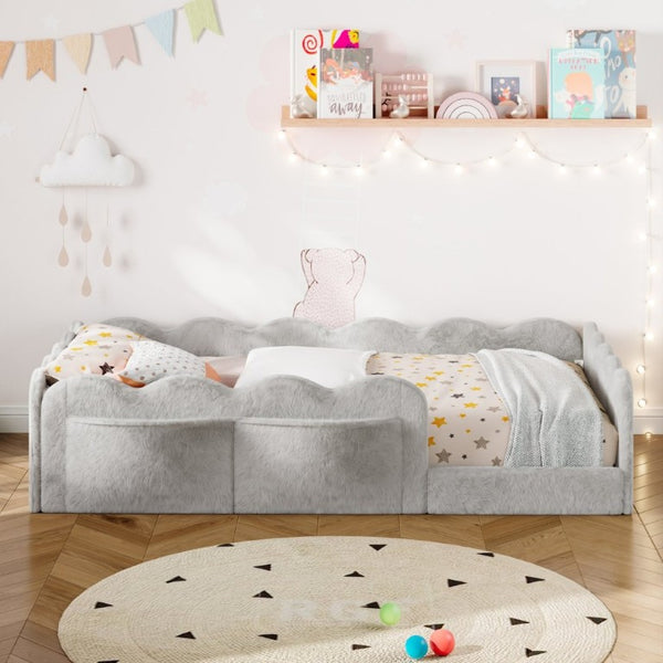 English Elm Twin Low Profile Floor Bed with Plush Rabbit Fabric Guardrails and Storage Pockets Light Gray SF000224AAE