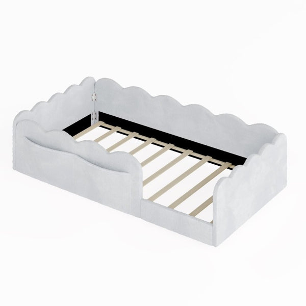 English Elm Twin Low Profile Floor Bed with Plush Rabbit Fabric Guardrails and Storage Pockets Light Gray SF000224AAE