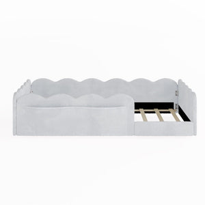 English Elm Twin Low Profile Floor Bed with Plush Rabbit Fabric Guardrails and Storage Pockets Light Gray SF000224AAE