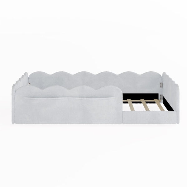 English Elm Twin Low Profile Floor Bed with Plush Rabbit Fabric Guardrails and Storage Pockets Light Gray SF000224AAE