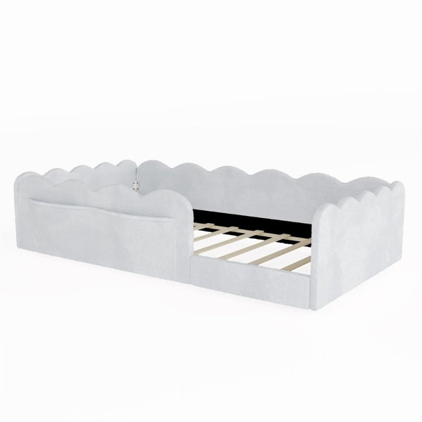 English Elm Twin Low Profile Floor Bed with Plush Rabbit Fabric Guardrails and Storage Pockets Light Gray SF000224AAE