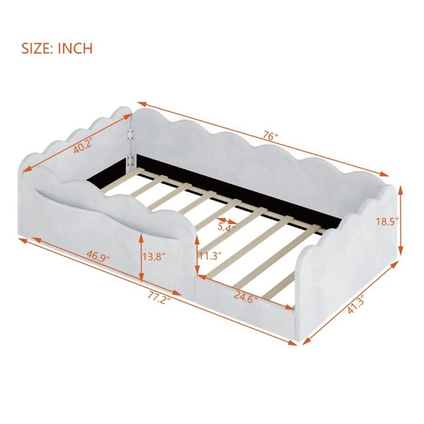 English Elm Twin Low Profile Floor Bed with Plush Rabbit Fabric Guardrails and Storage Pockets Light Gray SF000224AAE