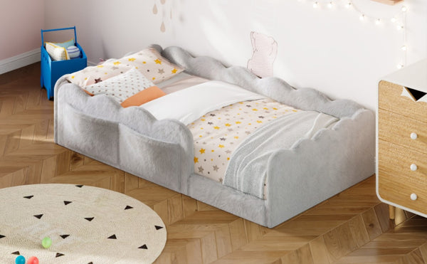 English Elm Twin Low Profile Floor Bed with Plush Rabbit Fabric Guardrails and Storage Pockets Light Gray SF000224AAE